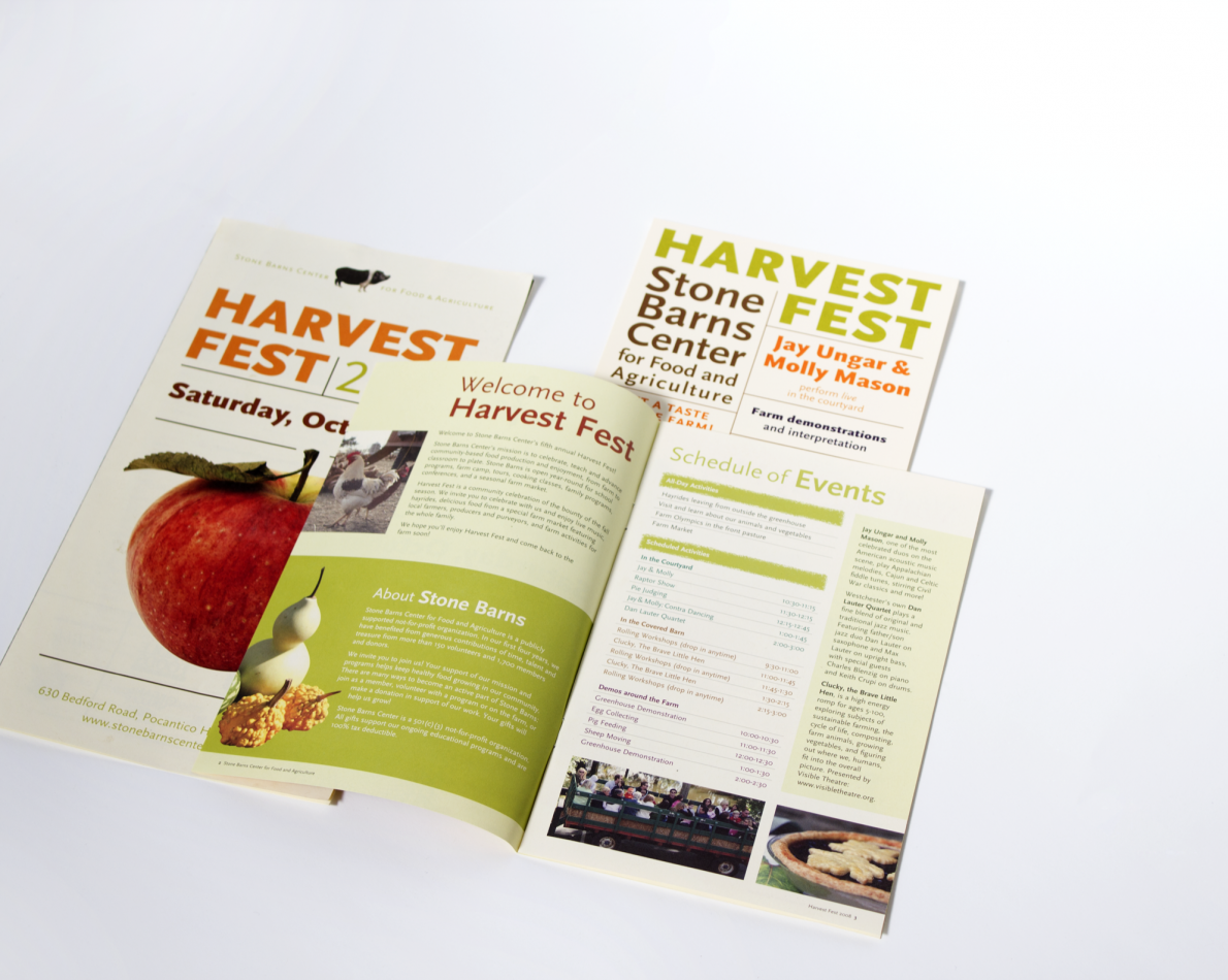 A yearly event hosted by Stone Barns, the Harvest Fest, offers a chance for the community to come together on their property, learn, and have fun. We created event signage and promotional materials to spread the word with a modern, colorful flair.