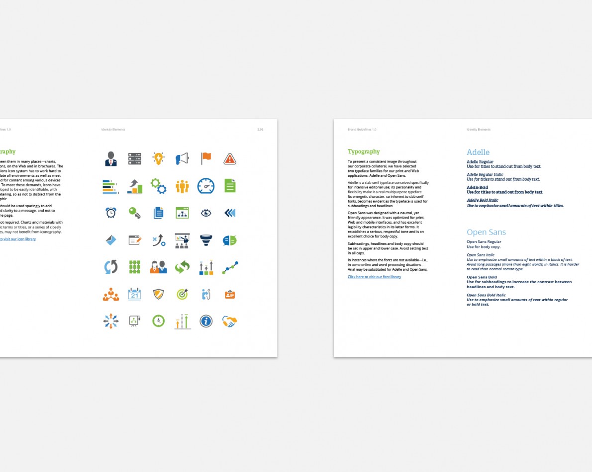 The Brand Guide features numerous real-world sections – including the proper use of iconography, as well as typography.